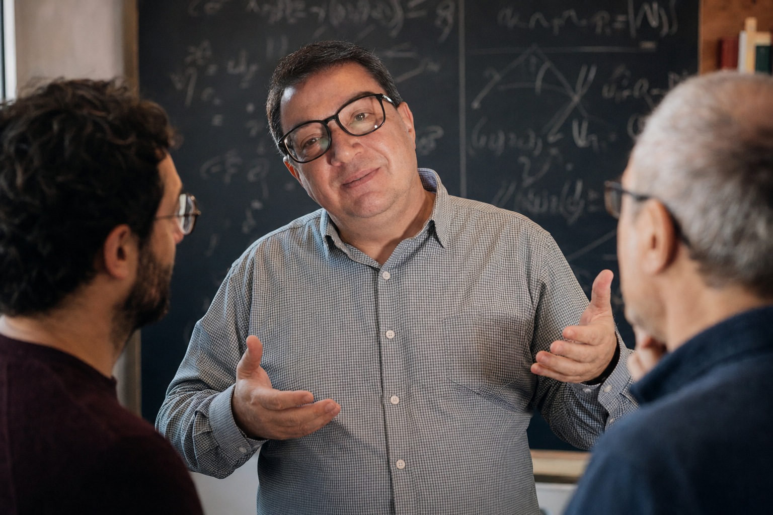 Professor Cesar A. Cohen de Mello discussing mathematical physics at a blackboard with collaborators