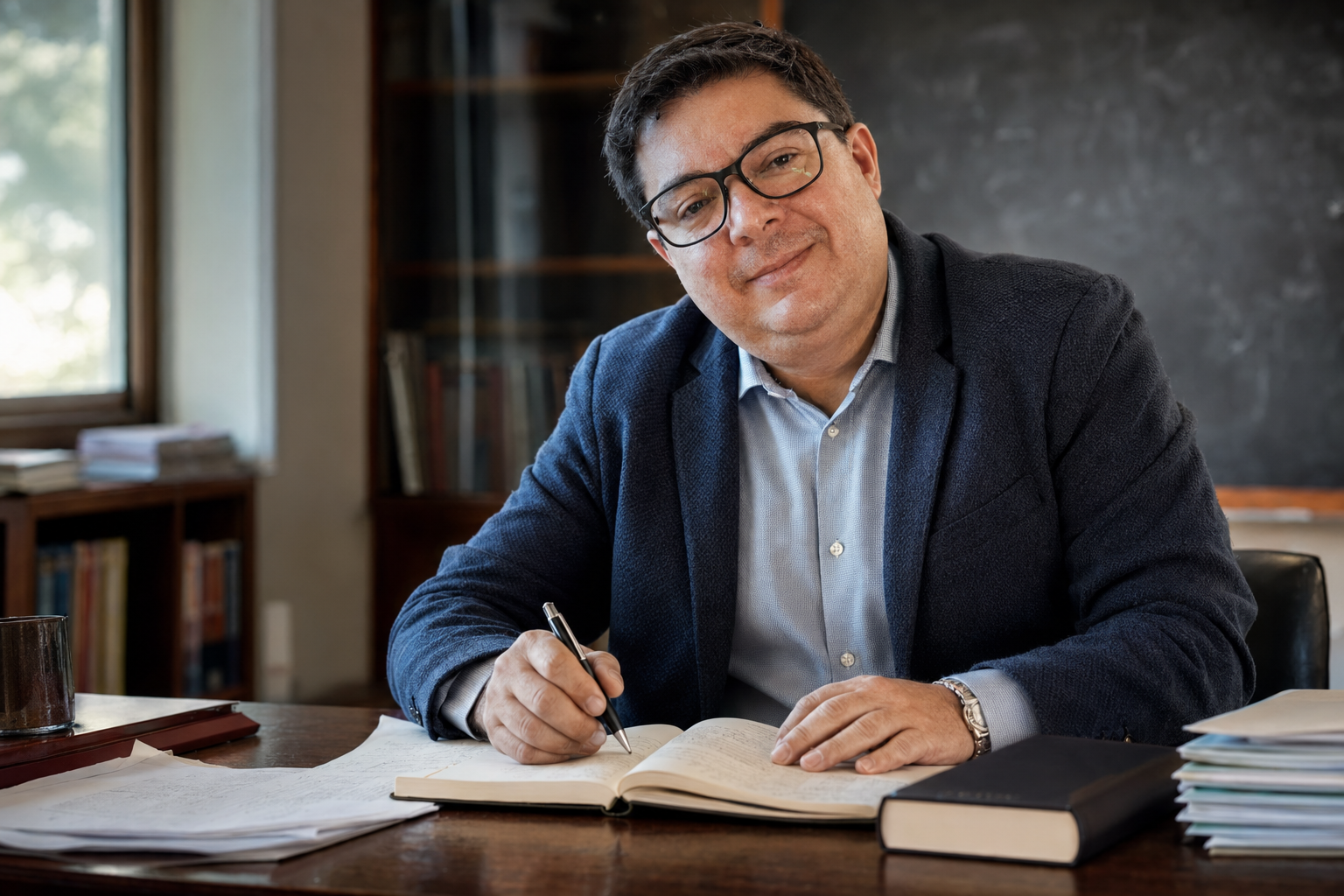 Professor Mello working at a research desk with mathematical manuscripts