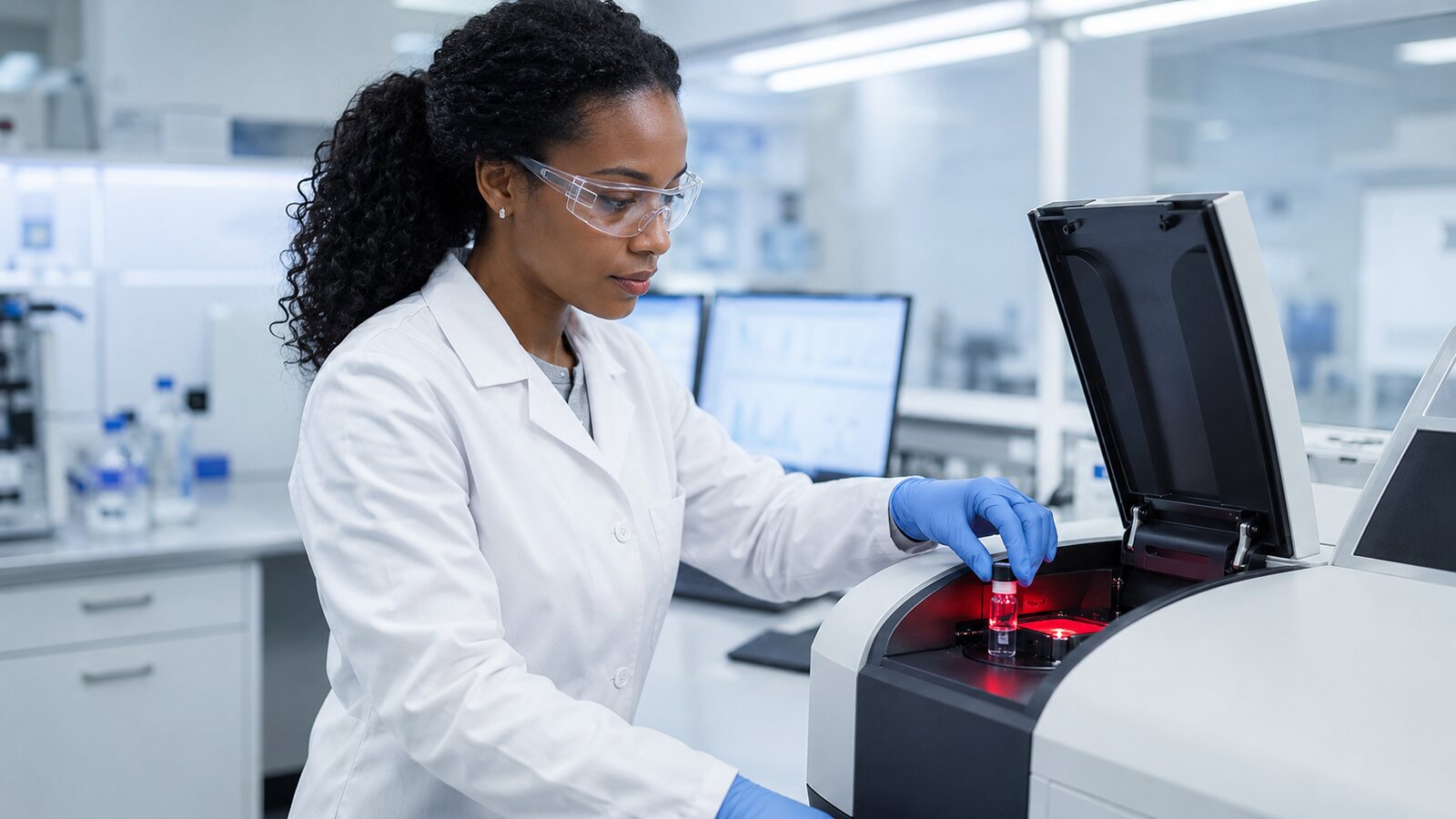 Scientist operating a bench FTIR spectrometer in an analytical laboratory
