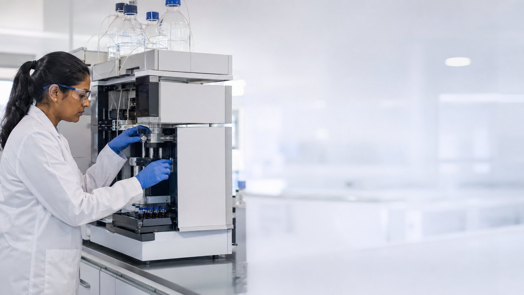 Analytical chemist operating a liquid chromatography instrument in a modern laboratory