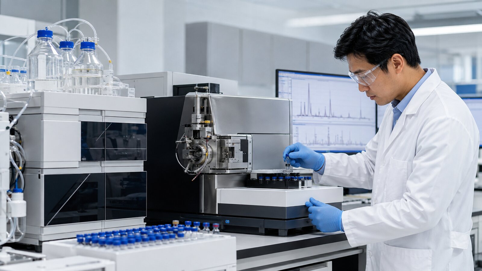 Analytical chemist operating a modern mass spectrometry system